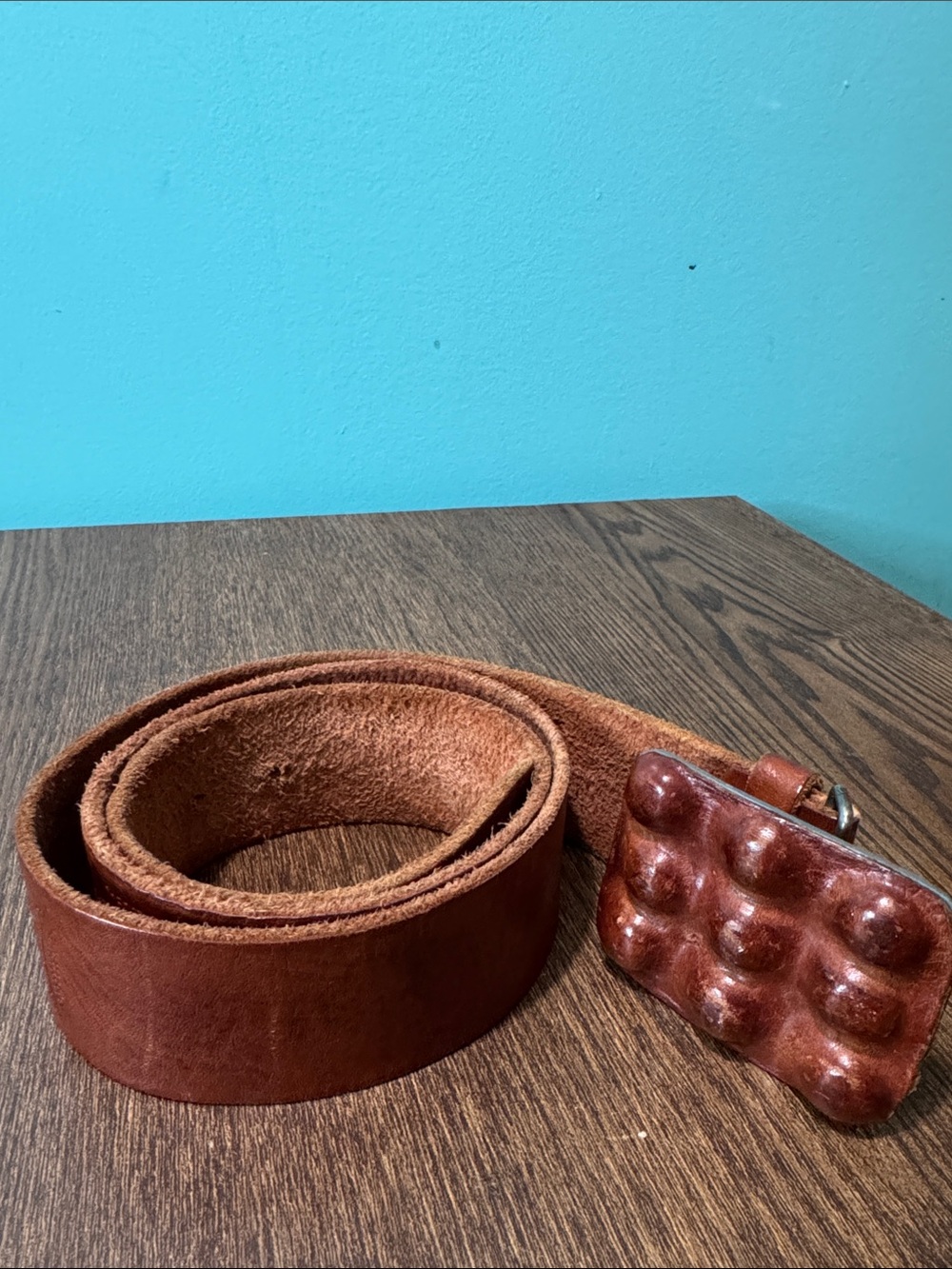 Brown Leather Men's Belt with Distinctive Bubble-Style Buckle